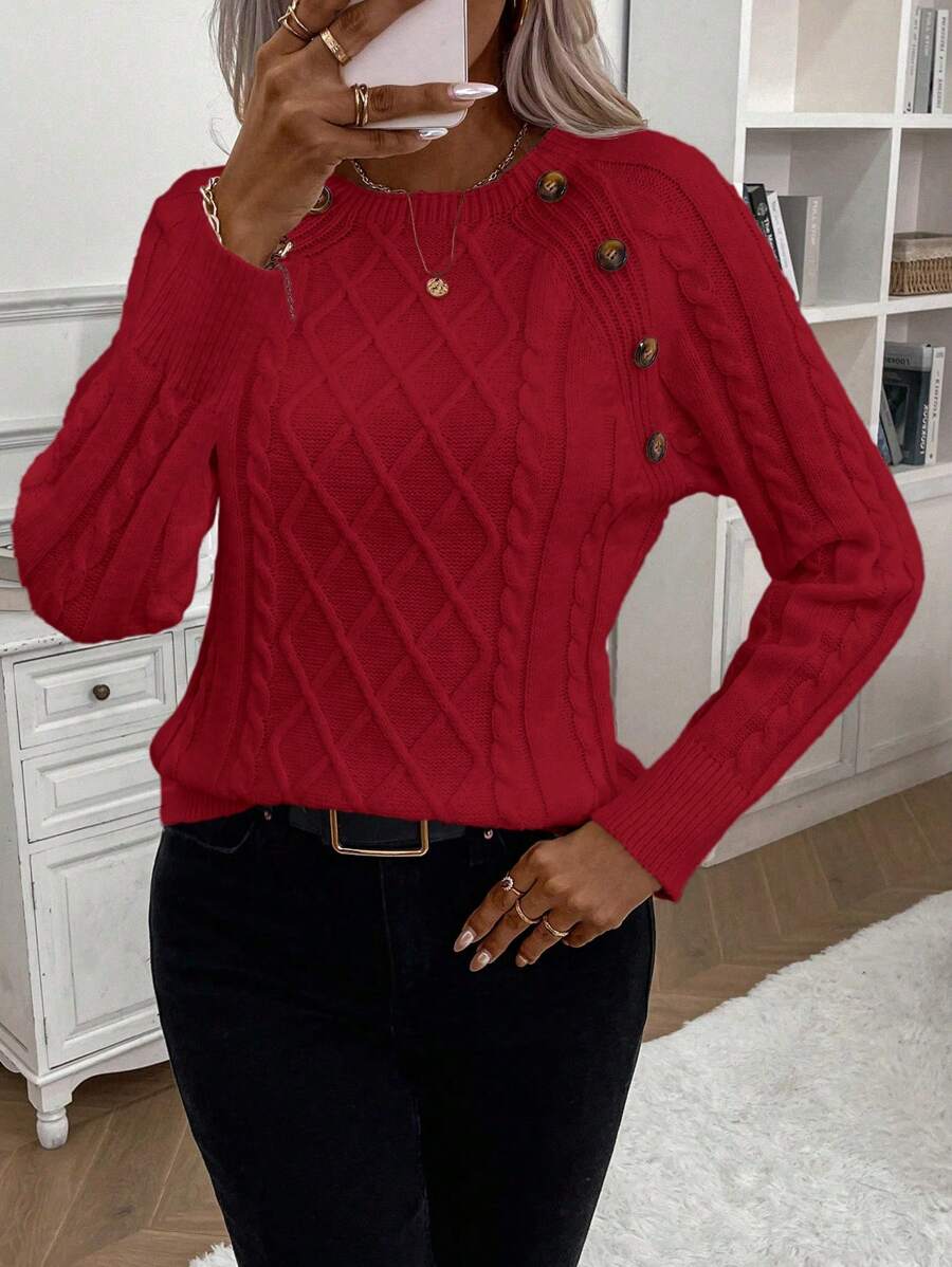 Clara | Button-Detail Cable Knit Jumper