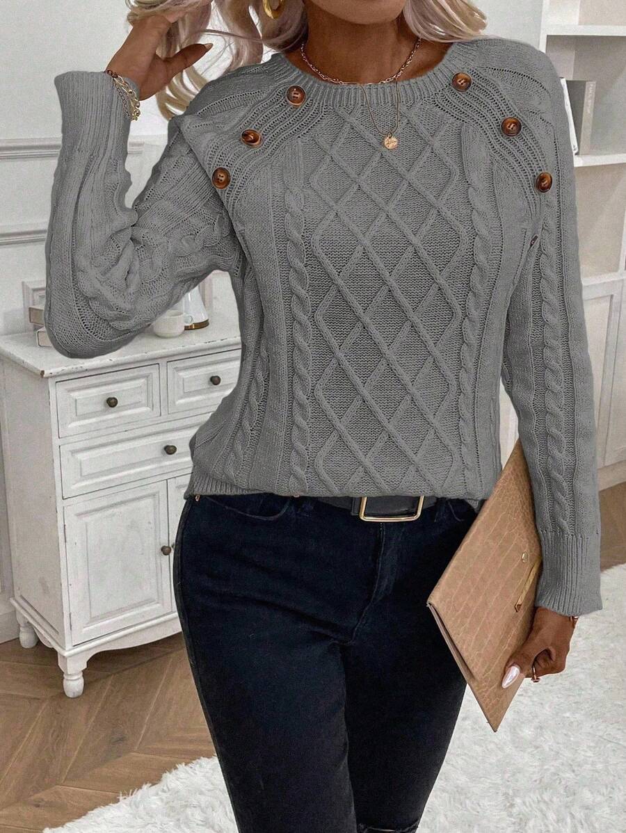 Clara | Button-Detail Cable Knit Jumper