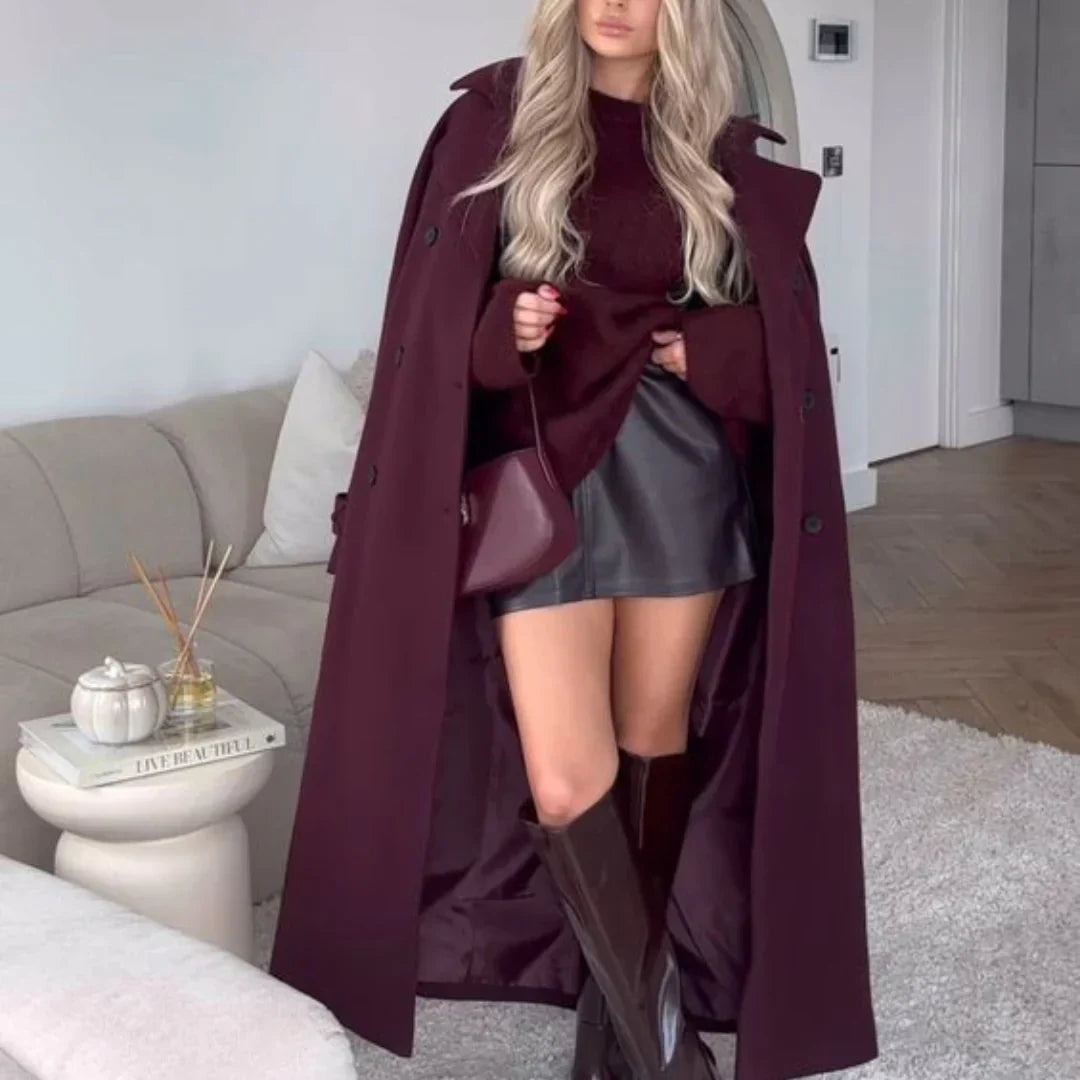 Leonie | Elegant Long Burgundy Coat