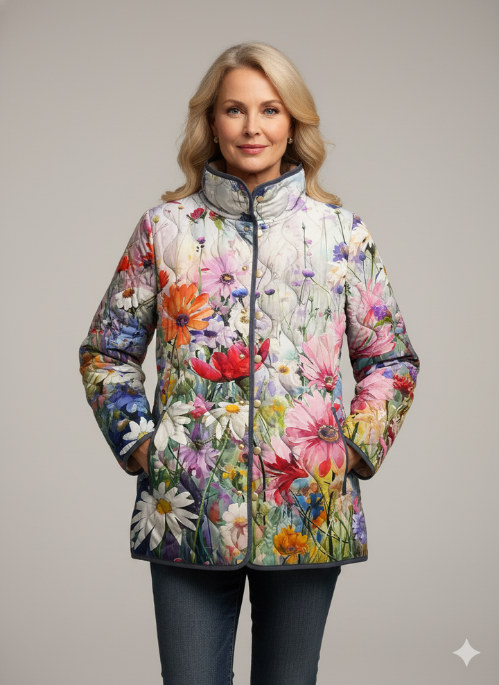 Charming Floral Print Quilted Jacket for Women - Vintage Casual Style