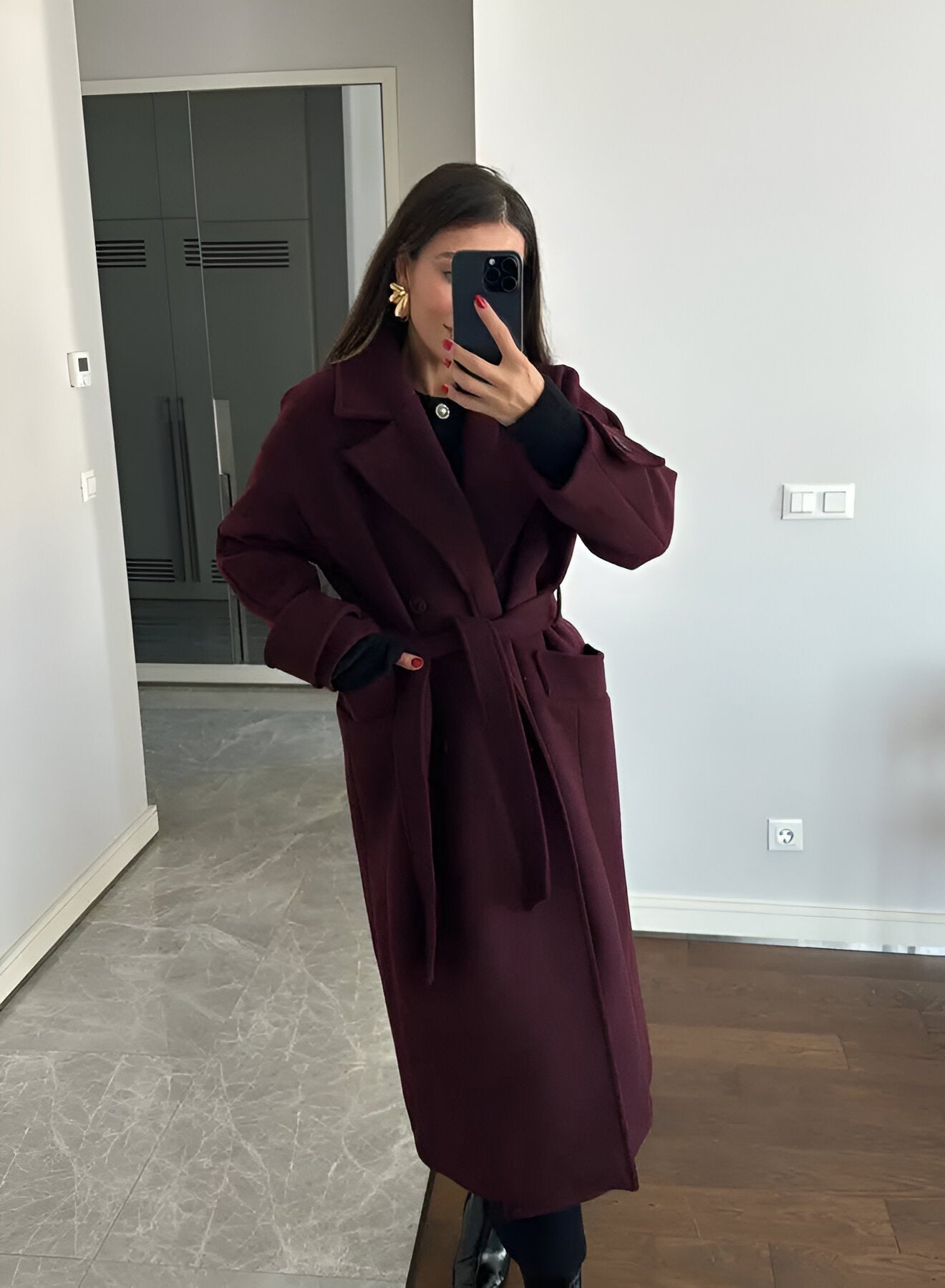 Leonie | Elegant Long Burgundy Coat